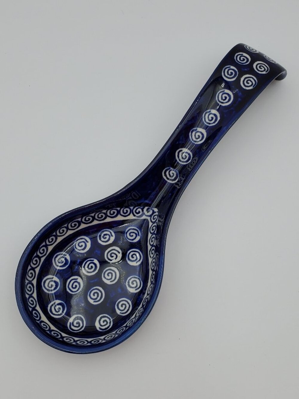 Polish Pottery Cobalt Swirl Large Spoon Rest Blue Swirl Oversized Spoon Holder